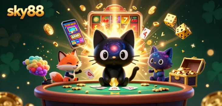 Engage in thrilling gameplay at sky88, featuring vibrant cartoon characters and exciting casino elements.
