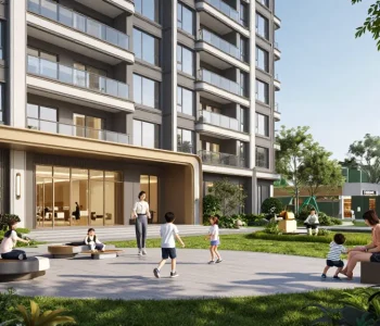 Dover Residences condominium with families enjoying community outdoor spaces and lively commercial amenities.