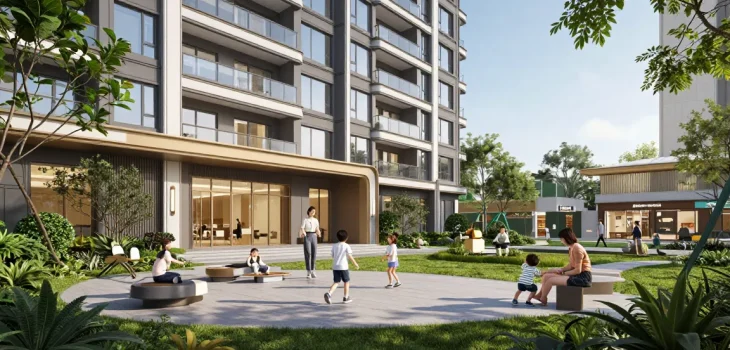 Dover Residences condominium with families enjoying community outdoor spaces and lively commercial amenities.