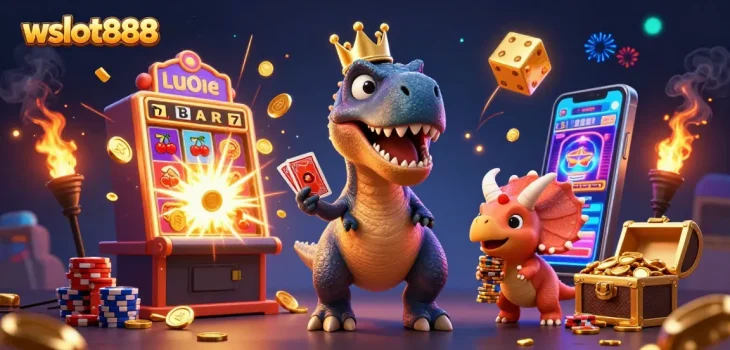 wslot888 rasakan keseruan bermain slot dengan T-Rex kartun bers crown emas di tengah permainan kasino yang penuh warna.