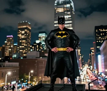 Dynamic nighttime city scene featuring batmanloyal.com-themed superhero overlooking vibrant urban landscape, symbolizing adventure.