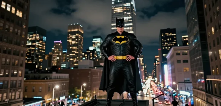 Dynamic nighttime city scene featuring batmanloyal.com-themed superhero overlooking vibrant urban landscape, symbolizing adventure.