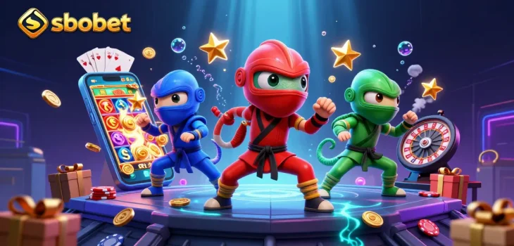 Experience sbobet betting excitement with ninja chameleons in a vibrant casino scene.