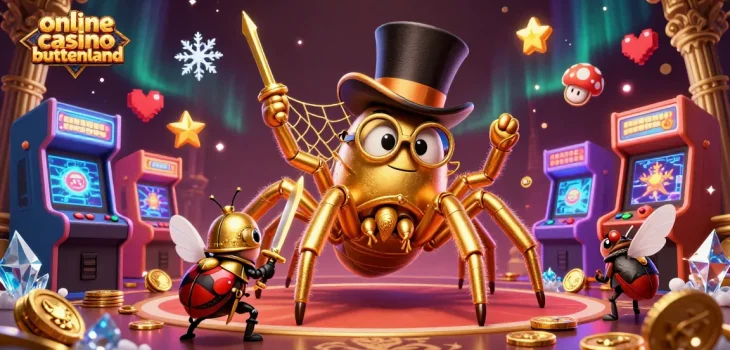 Engage in thrilling adventures at online casino buitenland with a giant tarantula, beetle knight, and arcade game elements.