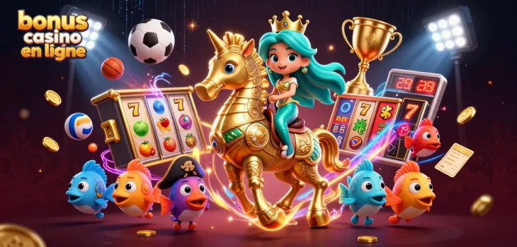 Bonus de casino en ligne : plongez dans un monde de jeux avec une princesse sirène et des éléments de casino colorés.