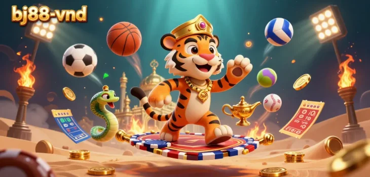Bets soar at bj88-vnd with an exotic tiger sultan and dynamic sports elements in a rich 3D casino scene.