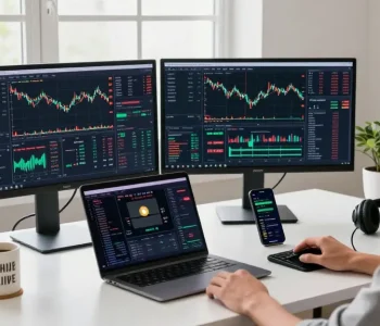 Engaging cryptocurrency trading scene showcasing kecak4d strategies in a modern home office with advanced tech setups.
