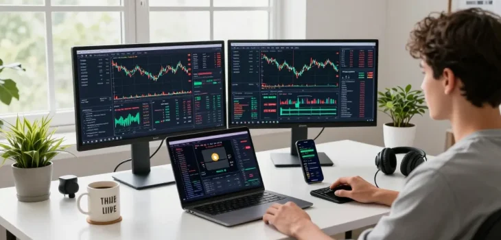 Engaging cryptocurrency trading scene showcasing kecak4d strategies in a modern home office with advanced tech setups.