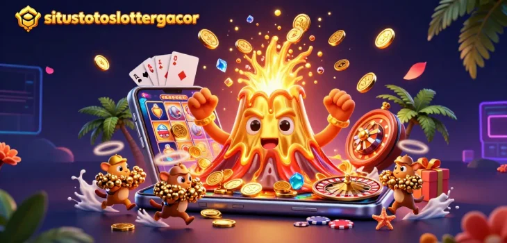 Experience the thrill of winning with situstotoslottergacor as treasure erupts from the volcano in this vibrant casino illustration.