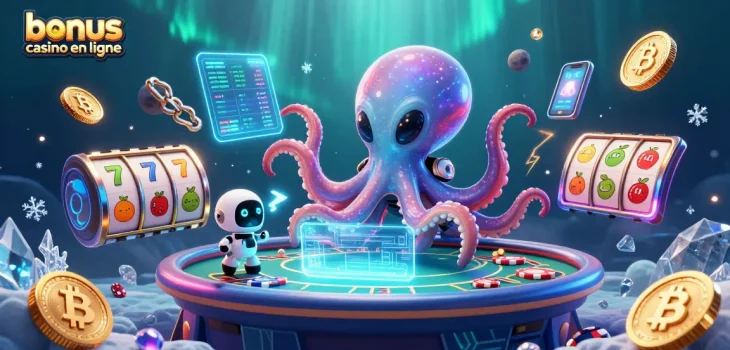 Profitez d'un bonus casino en ligne avec un poulpe extraterrestre jouant au poker dans une scène dynamique.