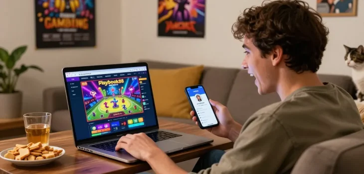 Engaging Playbook88 online gambling scene with cozy home atmosphere.