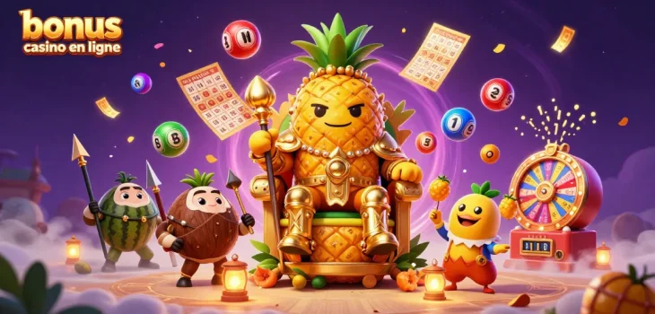 Profitez des gains passionnants avec le bonus casino en ligne, illustrations vibrantes de jeux et personnages.