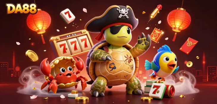 Engage in thrilling casino action at DA88, featuring a pirate turtle, hermit crab, and slot game elements.