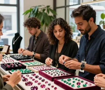 Shoppers exploring quality gemstones at https://www.mygemspot.com in an elegant retail setting.