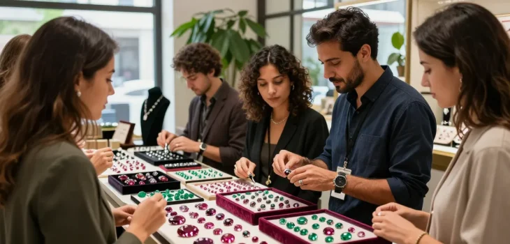 Shoppers exploring quality gemstones at https://www.mygemspot.com in an elegant retail setting.