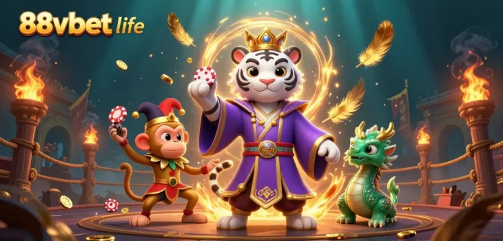 Engage in thrilling gaming experiences with 88vbet life's vibrant casino scene featuring a royal tiger and energetic characters.