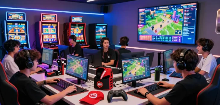 Exciting online gaming environment featuring players on oppa86 platform, showcasing colorful slot graphics and gaming accessories.