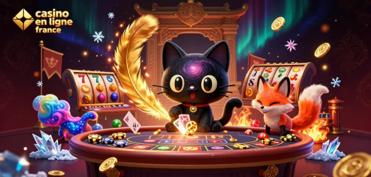 Profitez de l'expérience captivante de casino en ligne France avec un chat noir gravitationnel et un renard nébuleux.