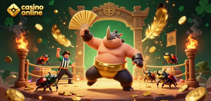 Akcijska scena v kateri "casino online" ponuja dvoboj hroščev, z razpršenimi zlatimi kovanci in ugodno atmosfero.