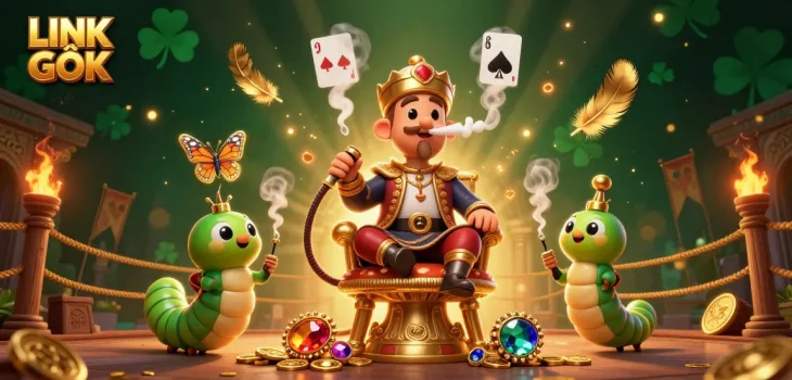 Engage in thrilling experiences with LINK GỐC, featuring a 3D cartoon caterpillar in a lavish casino atmosphere.