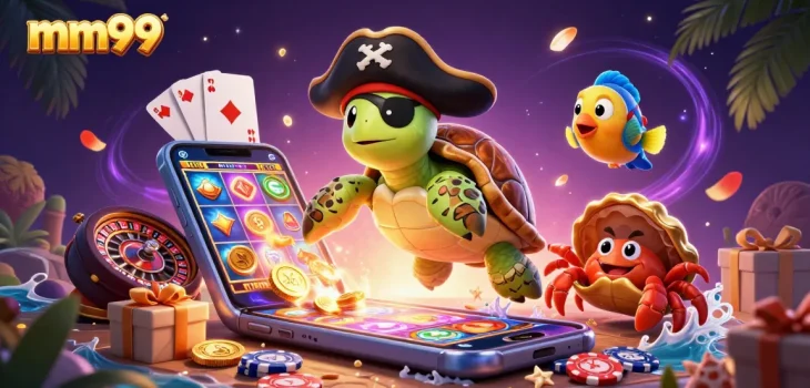 Engage with mm99’s vibrant casino world, featuring cartoon turtle and crab amidst treasures and slot games.