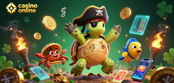 Gagnez avec casino en ligne grâce à notre incroyable illustration de tortue pirate et de trésors sous-marins.