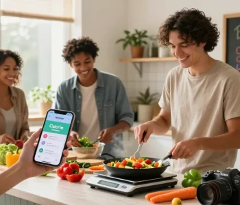 Friends cooking together with the best nutrition app on a smartphone, showcasing healthy meal prep in a bright kitchen.