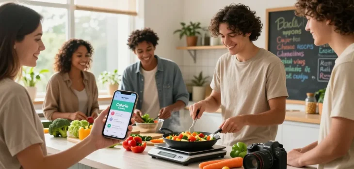 Friends cooking together with the best nutrition app on a smartphone, showcasing healthy meal prep in a bright kitchen.