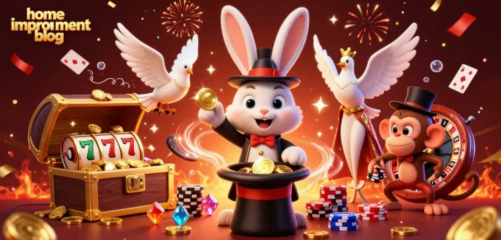 A dynamic scene from a home improvement blog illustrates a magician rabbit pulling coins in a casino setting.