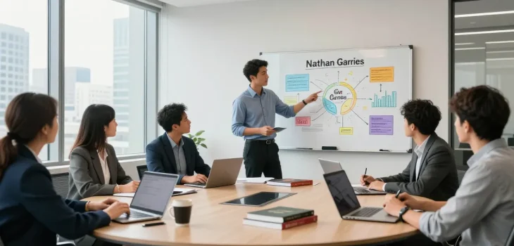 Nathan Garries leading a branding strategy meeting with a diverse team in a modern office.