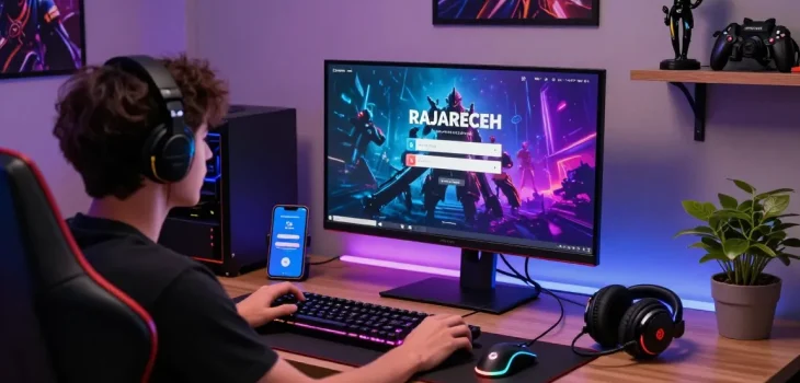 Proses login RAJARECEH oleh pengguna di platform permainan online dengan perangkat gaming lengkap