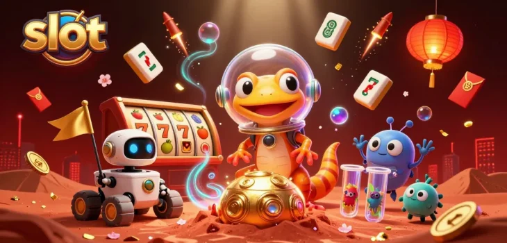 Memenangkan slot dengan kombinasi gecko Martian, rover robot, dan simbol slot mengagumkan dalam kasino emas