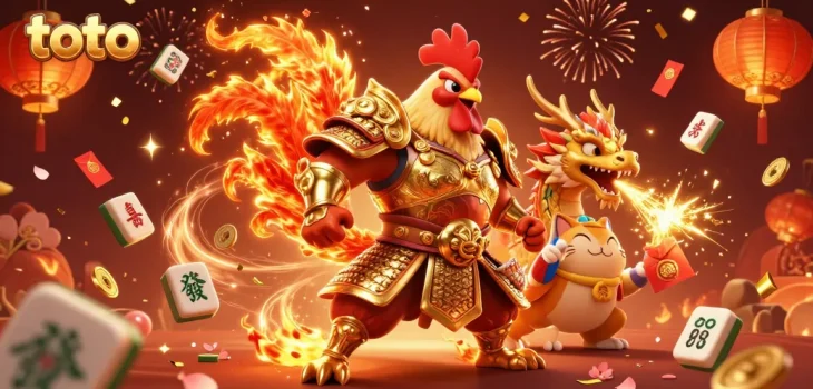 Toto menawarkan visual dinamis dengan ayam petarung berkekuatan 3D dan naga, dikelilingi elemen perayaan seperti koin jade dan lampion.