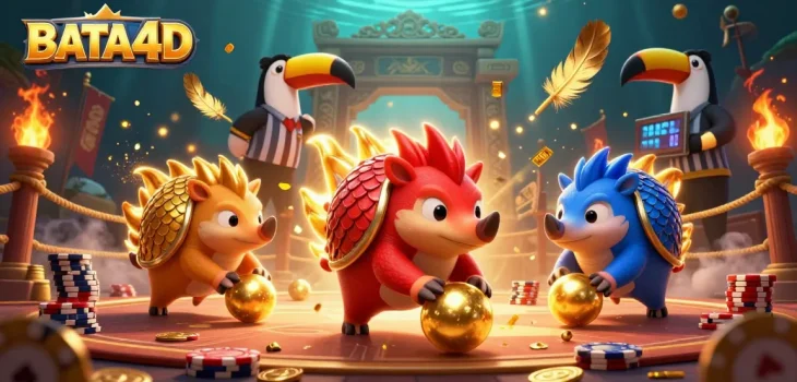 BATA4D pangolins battle it out in an exciting poker game surrounded by vibrant casino elements.