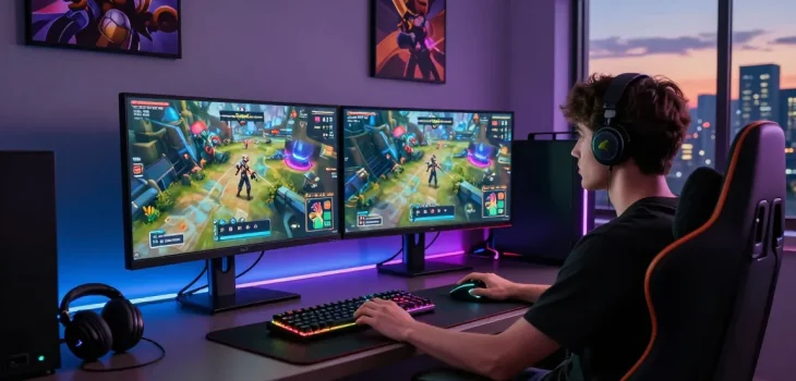 Gamer engaging with pakde4d in a vibrant, futuristic gaming setup