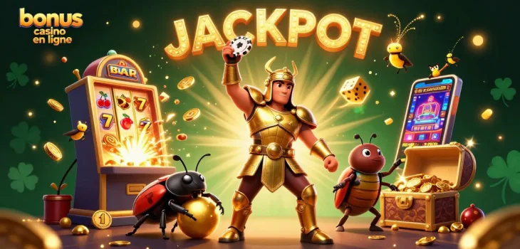 Illustration dynamique de bonus casino en ligne avec un scarabée en armure et jackpot lumineux.
