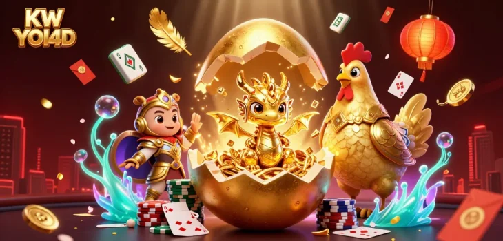 Permainan poker seru dengan KW YOI4D di latar belakang telur emas dan naga kristal.