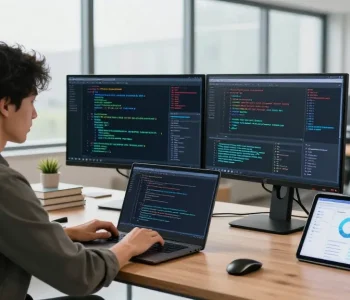 Data scientist focused on programming in a vibrant tech workspace, showcasing raja328 data visualization.