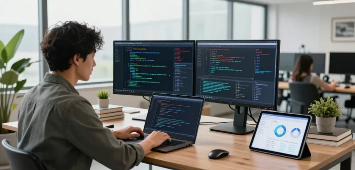 Data scientist focused on programming in a vibrant tech workspace, showcasing raja328 data visualization.