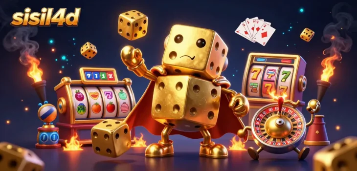 Experience excitement with sisil4d as golden dice golem and gaming elements burst into action in a dynamic casino scene.