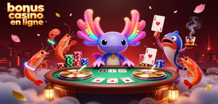 Obtenez un bonus casino en ligne avec un DJ axolotl et des crevettes dans un casino coloré.
