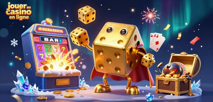 Jouer au casino en ligne avec une illustration dynamique de dés dorés et de machines à sous.