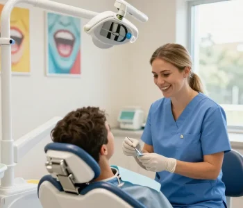 Smiling dental hygienist assists patient while showing the option to discover more here about local dentists.