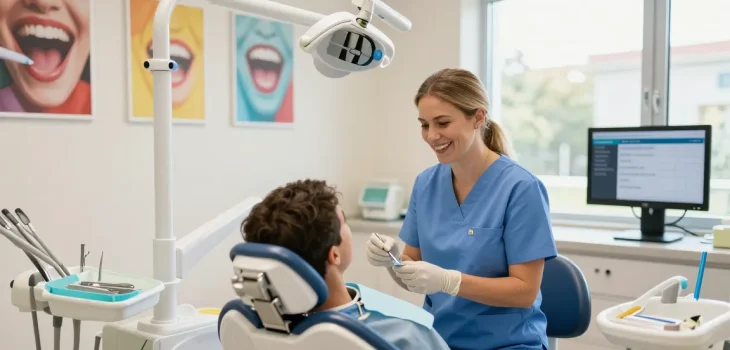 Smiling dental hygienist assists patient while showing the option to discover more here about local dentists.