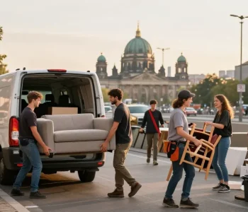 Efficient Sperrmüllabholung 80 Euro Berlin team unloading furniture in urban setting.