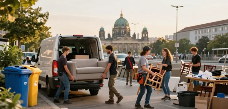 Efficient Sperrmüllabholung 80 Euro Berlin team unloading furniture in urban setting.