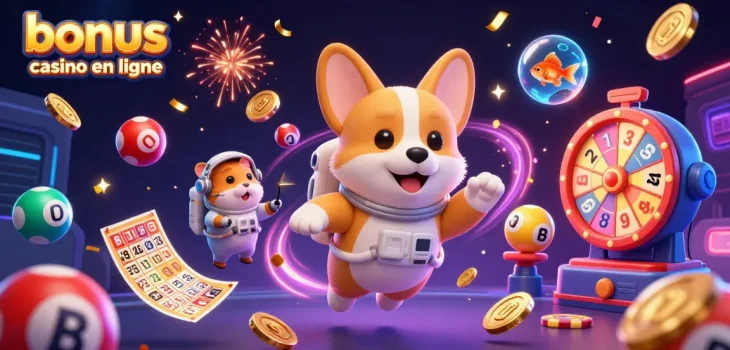 Profitez de l'animation de casino avec un bonus casino en ligne en compagnie d'un corgi astronaute.
