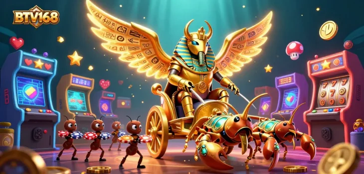 BTV168 showcases a vibrant casino world with a golden scarab beetle and scorpions amid slot machines and poker chips.