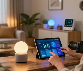 Interactive smart home scene showcasing What are IoT devices in action with smart speaker, tablet dashboard, and changing smart lights.
