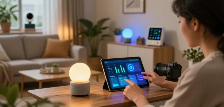 Interactive smart home scene showcasing What are IoT devices in action with smart speaker, tablet dashboard, and changing smart lights.